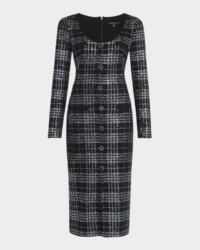 Mae Button-Front Plaid Tweed Midi Dress